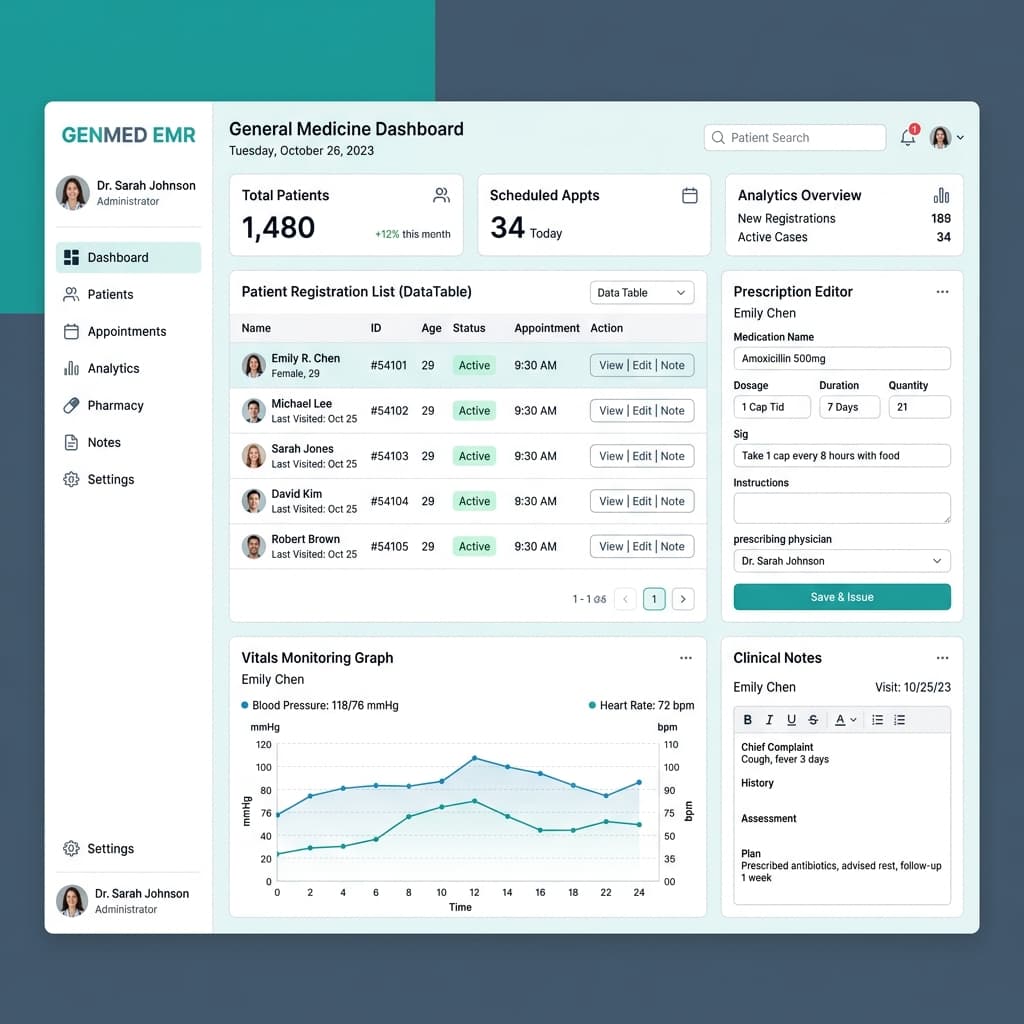 General Medicine EMR Interface Dashboard Mockup